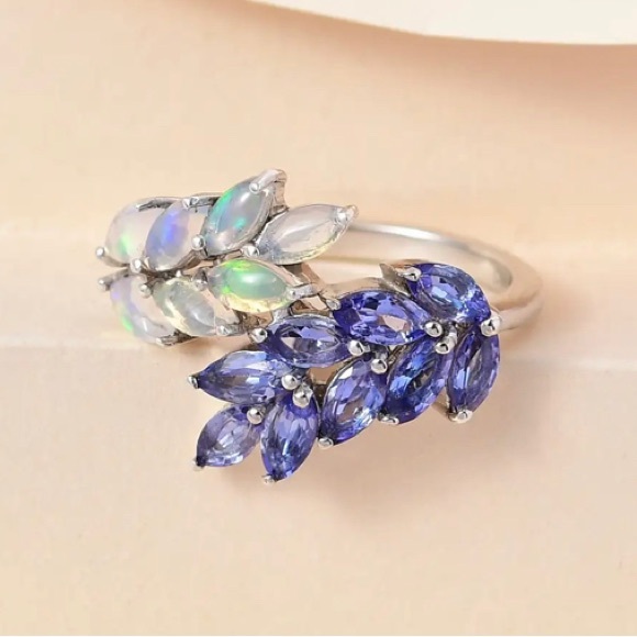 ETHIOPIAN WELLO OPAL and AAA TANZANITE Ring Platinum over Sterling Silver - Picture 14 of 14